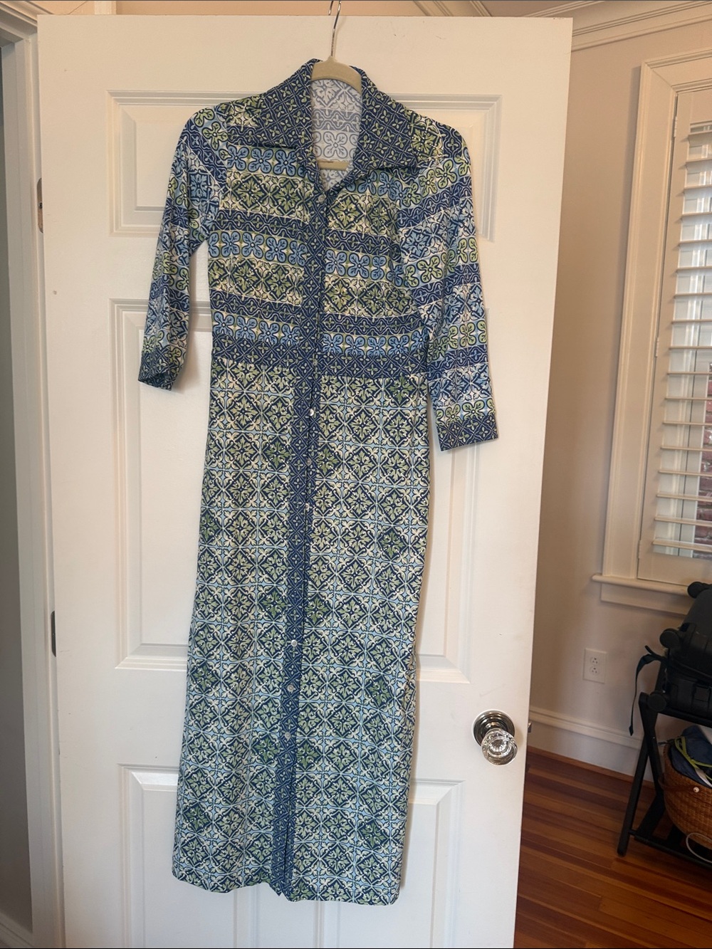 Blue & Green Printed Maxi Shirt Dress with Collar